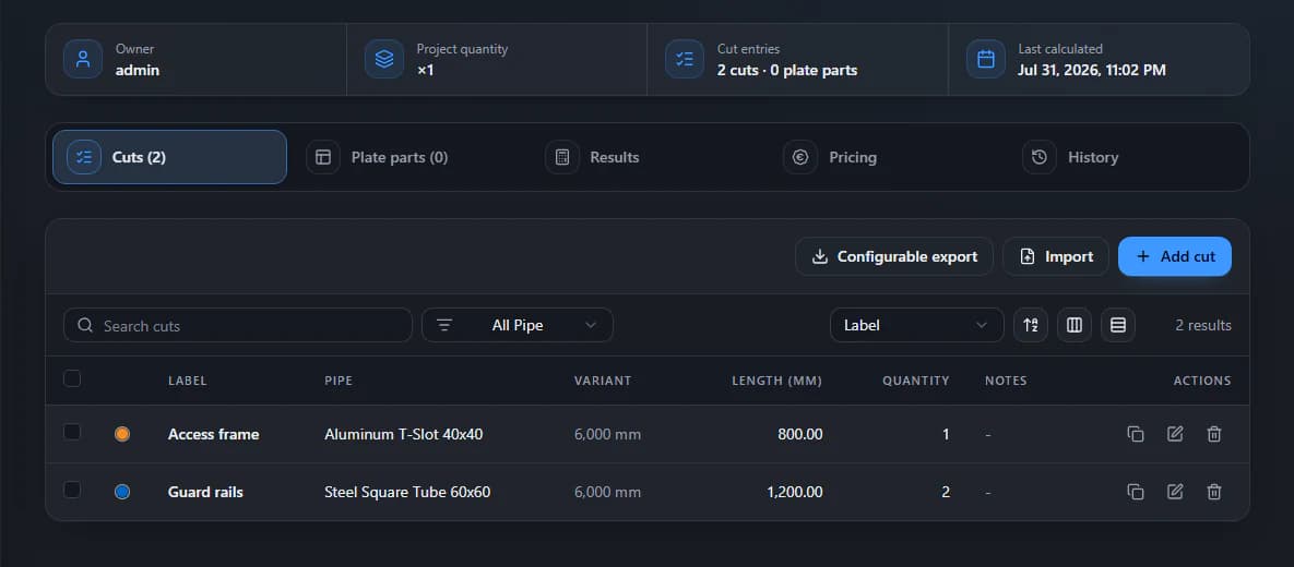 Perfect Cut interface with a cutting list and project controls