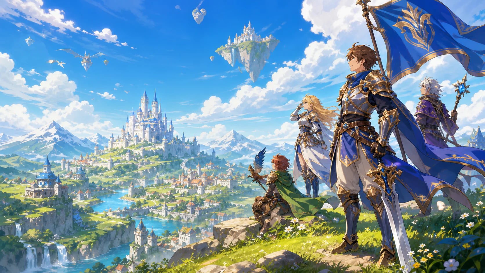 Lord of Glory heroes overlooking a kingdom of castles and floating islands