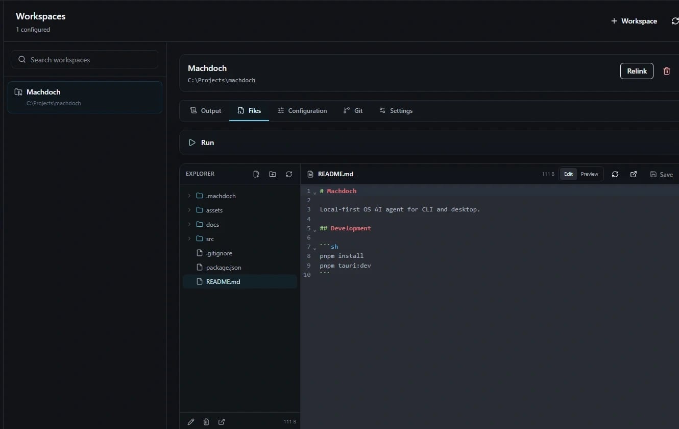 Machdoch workspace with a file explorer and Markdown editor
