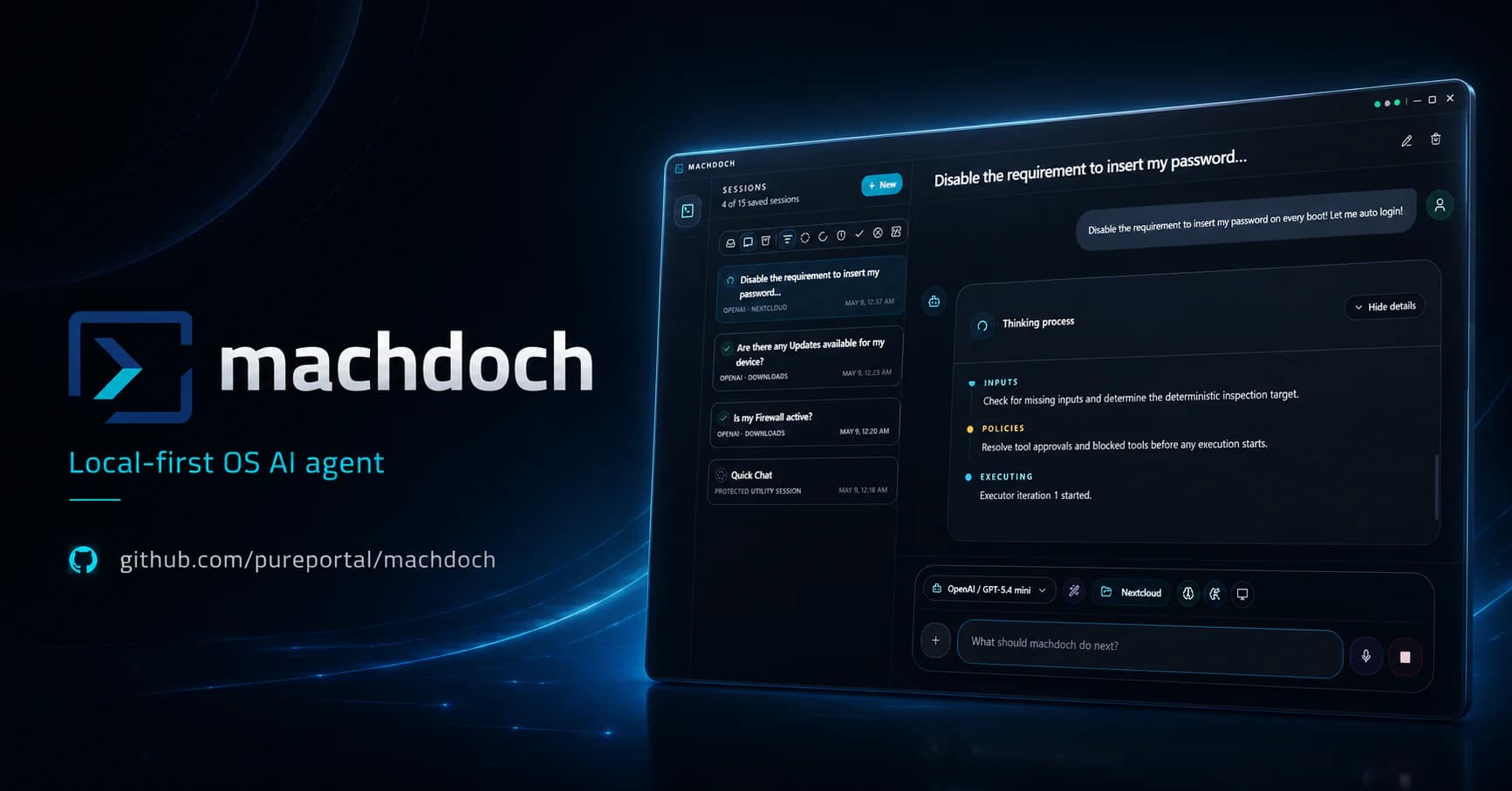 Machdoch desktop agent interface with sessions and task progress