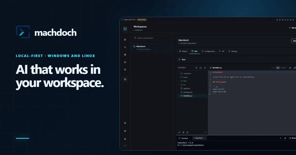 Machdoch workspace view with a file explorer, editor, and terminal