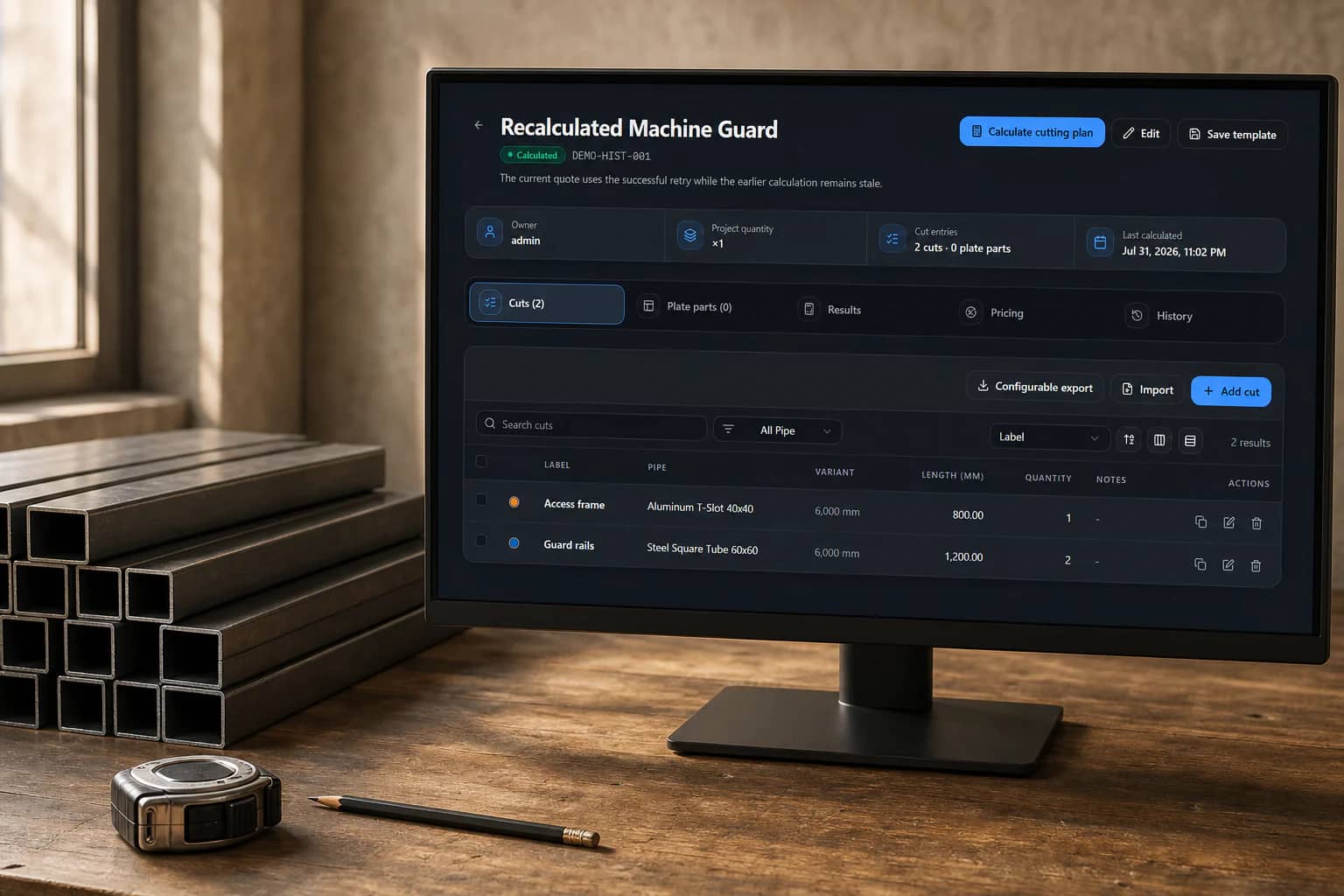 Perfect Cut project workspace shown on a workshop monitor