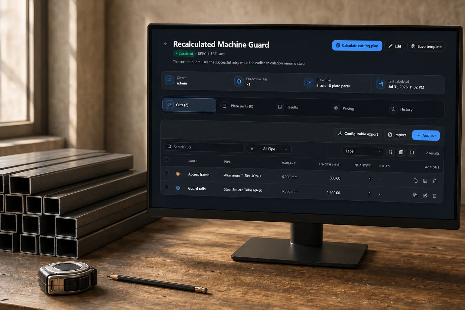 Perfect Cut project workspace shown on a workshop monitor
