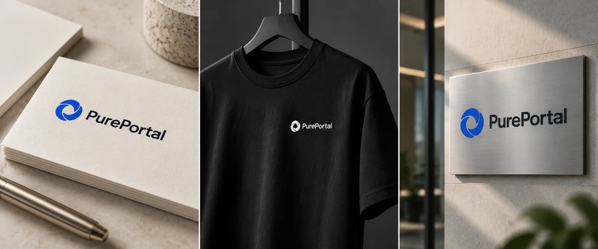 AI-generated PurePortal concepts: cream stationery, a black T-shirt, and an office sign.
